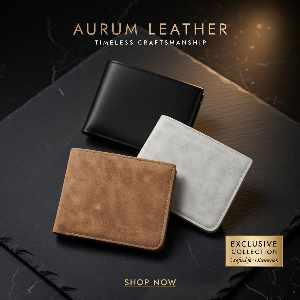Three leather wallets in black, brown, and gray on a dark surface with 'Aurum Leather' branding.